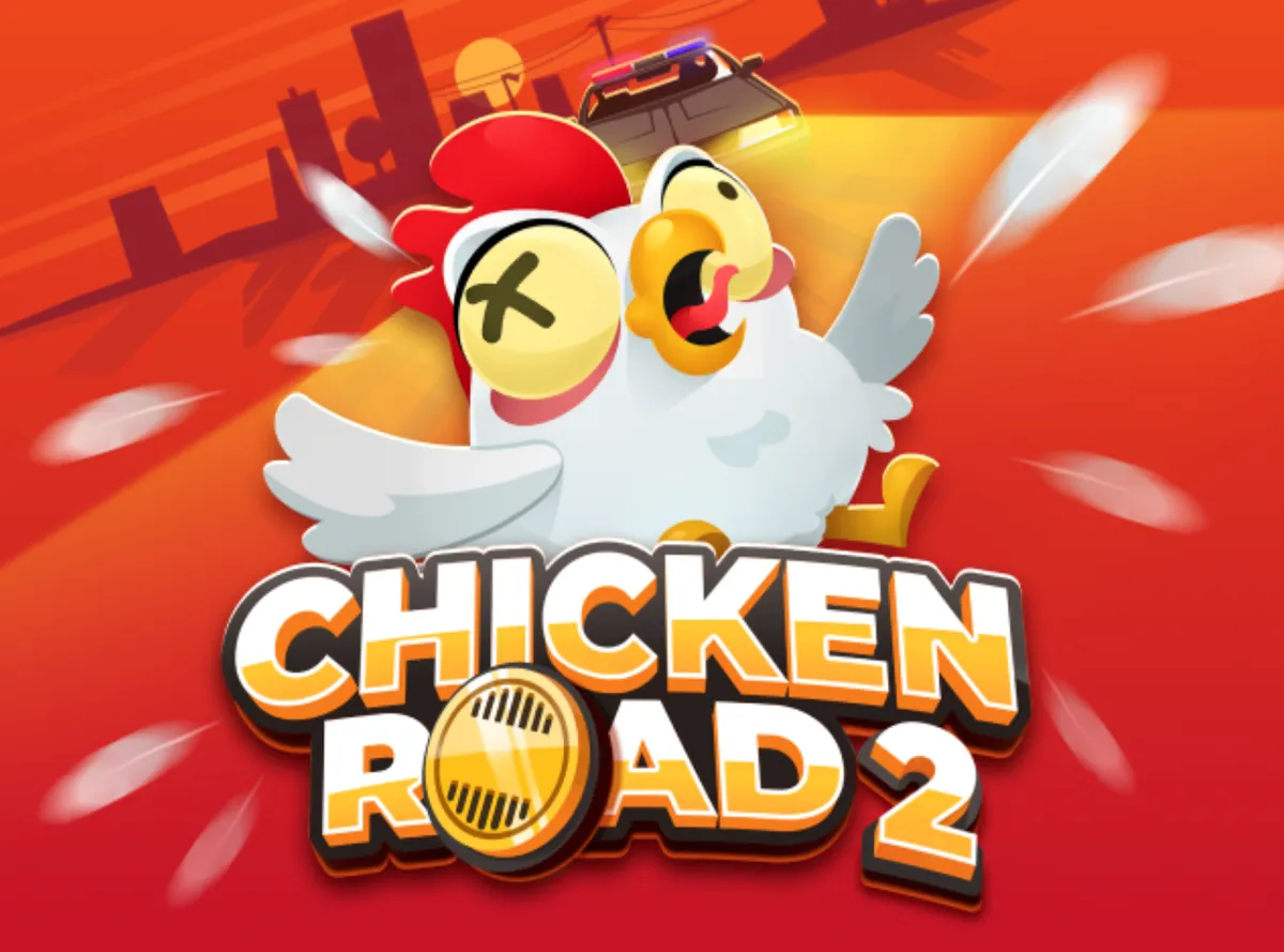 Chicken Roll 2 logo with the mascot standing in front of it