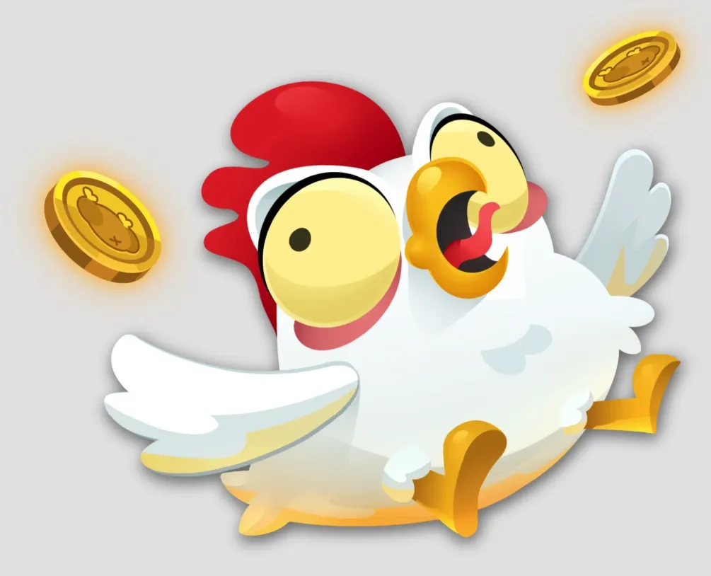Chicken character mid-jump beside a single coin