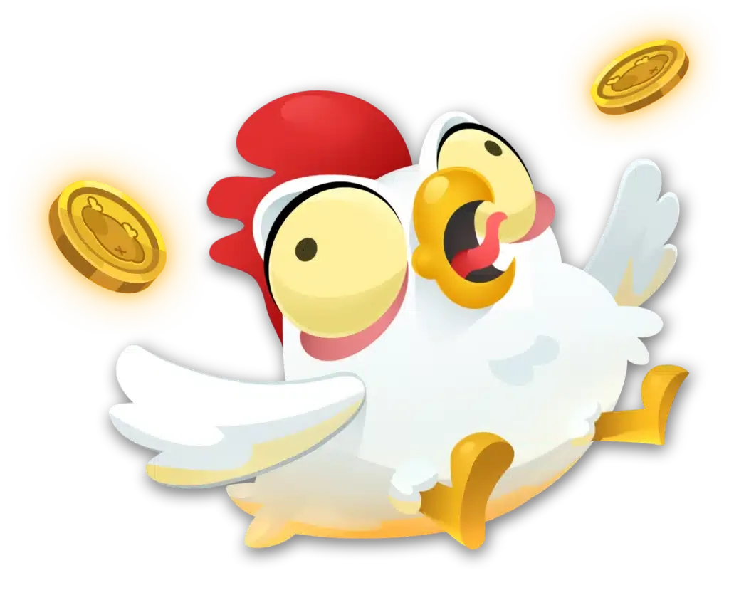 Chicken roll game mascot surrounded by falling coins