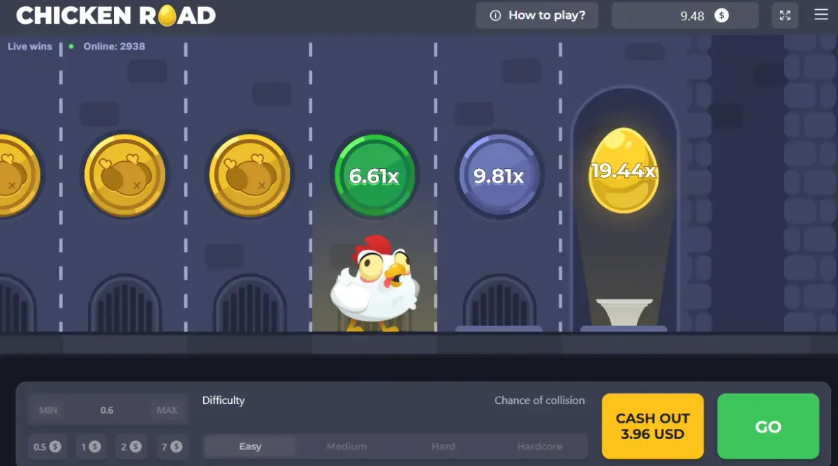 Game board with 6.61x and 9.81x lanes and a 5.96 cash-out ready