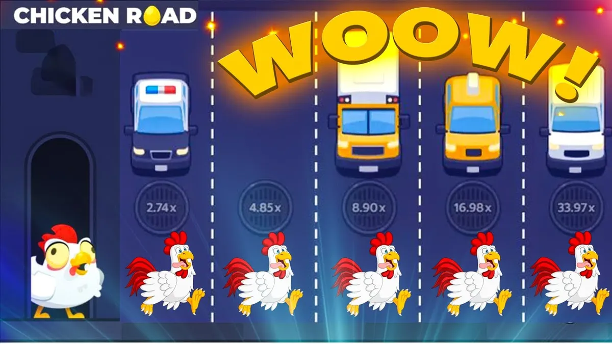 Six lanes of traffic with chickens and multipliers rising from 2.74x to 16.98x
