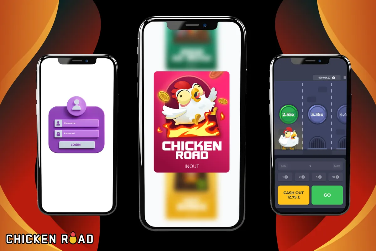 Three phone screens showing the chicken roll game login, logo and a live round