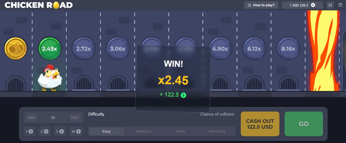 Round won at 2.45x with a 122.5 cash-out shown on the board